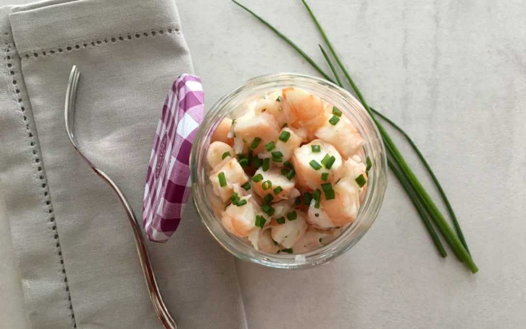 Crevettes marinées citron vert échalotes ciboulette